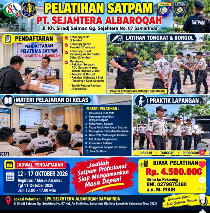 Teks foto : PT Sejahtera Albaroqah (SA) yang memberikan layanan pelatihan satpam (istimewa).